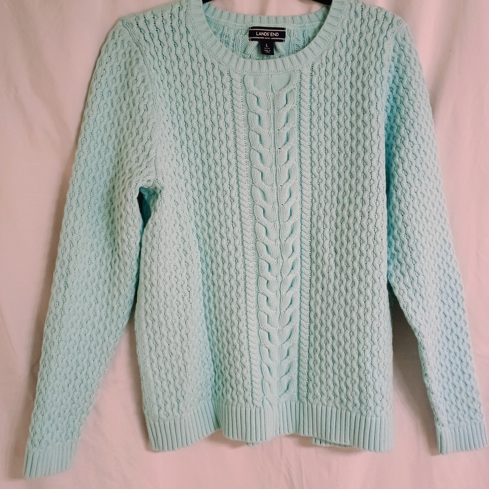 Lands' End Women's Cable Knit Sweater - Light Blue